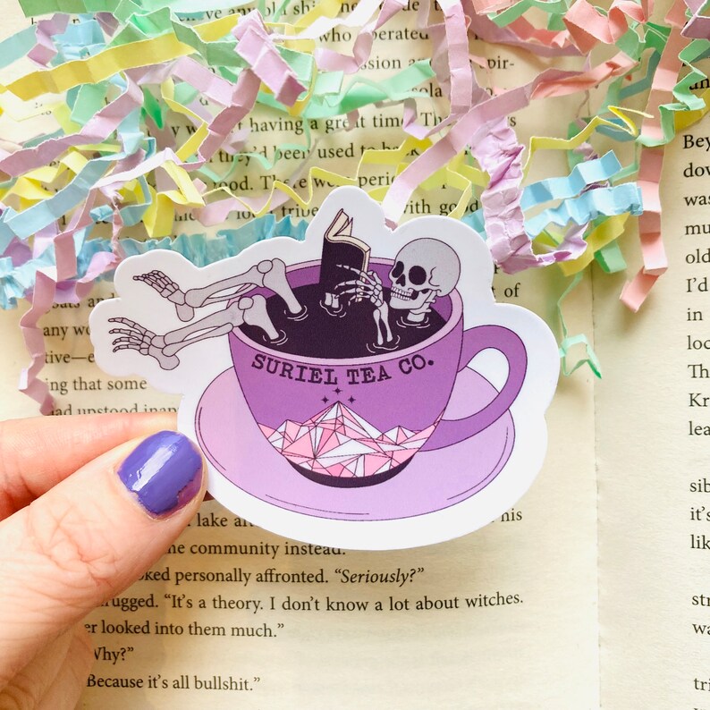 Suriel tea Co. Acotar skeleton reading book Sticker