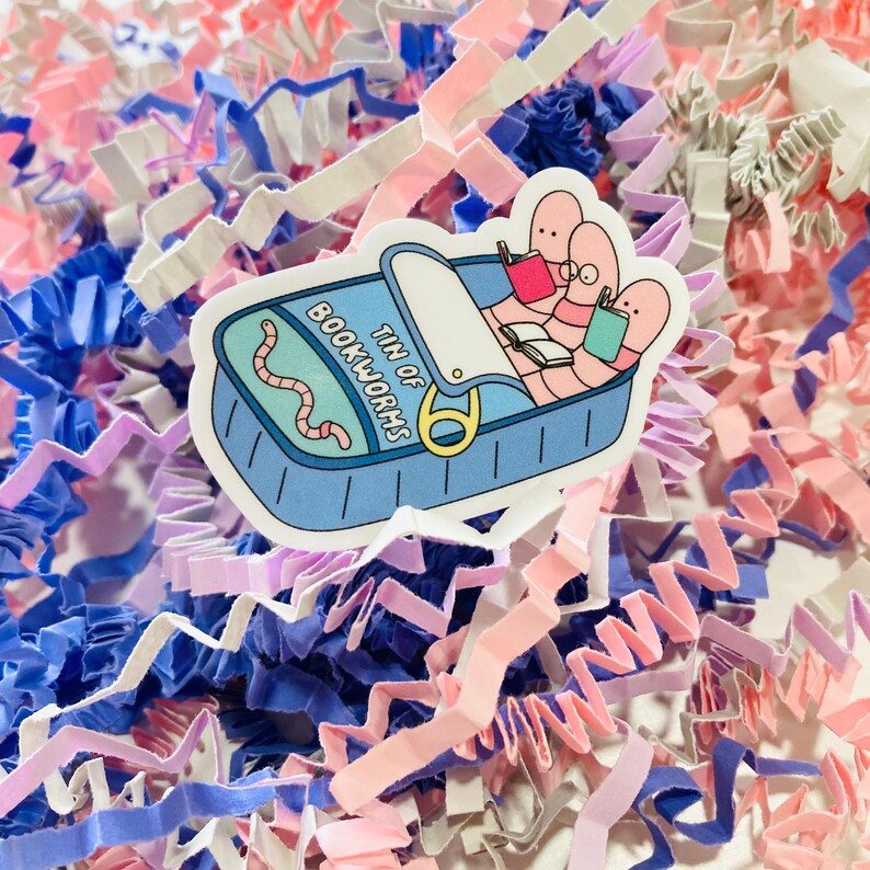 Tin of bookworms bookish vinyl water resistant die cut sticker
