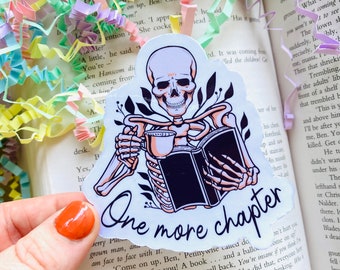 One more Chapter Vinyl Sticker, Book Stickers for Kindle, Skeleton Sticker, Tea and Books, Read Books, Book lover Sticker, Spooky Sticker