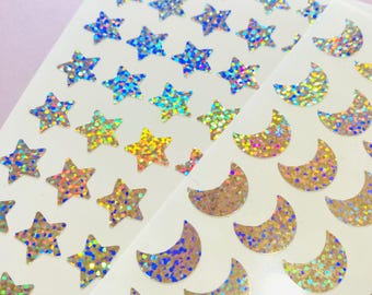 Moon & Stars Permanent Vinyl Sticker Sheet, Waterproof Holographic Vinyl stickers for bottle, Weatherproof, Planner, Stickers for Kindle,