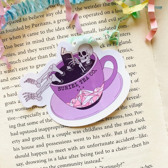 Suriel Tea Vinyl Water Resistant Sticker, Spill the tea, Fantasy book stickers, Skeleton reading book, Bookish Sticker for Kindle, Book Gift