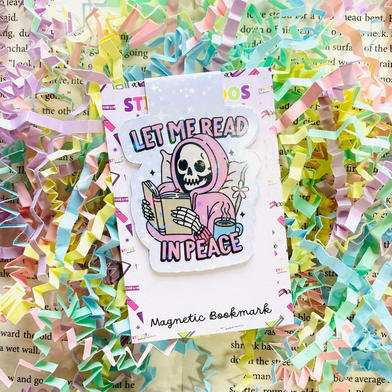 Let me read in peace skeleton reading a book sparkly magnetic bookmark