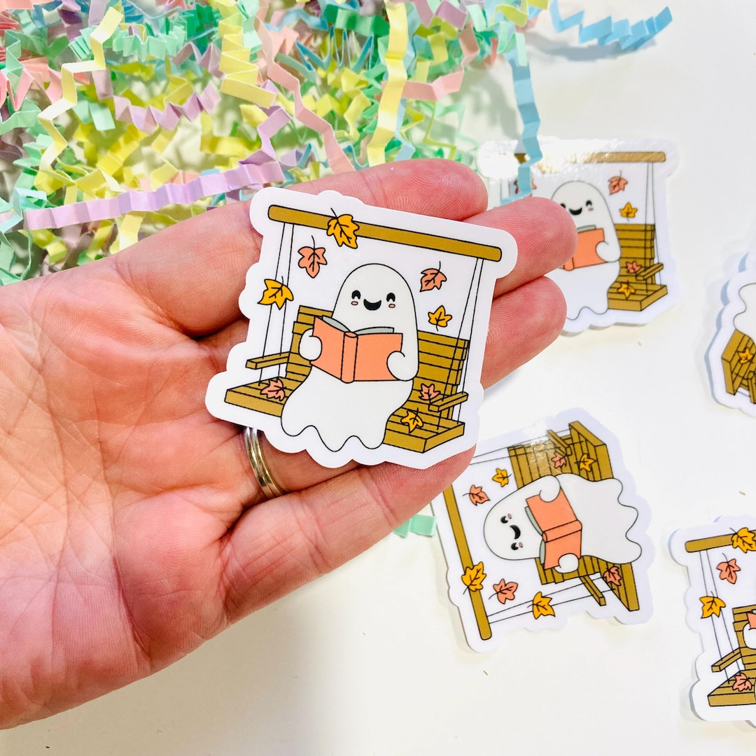 Cute Autumn Ghost Reading a Book Sticker, Autumn Bookish Sticker, Book ...