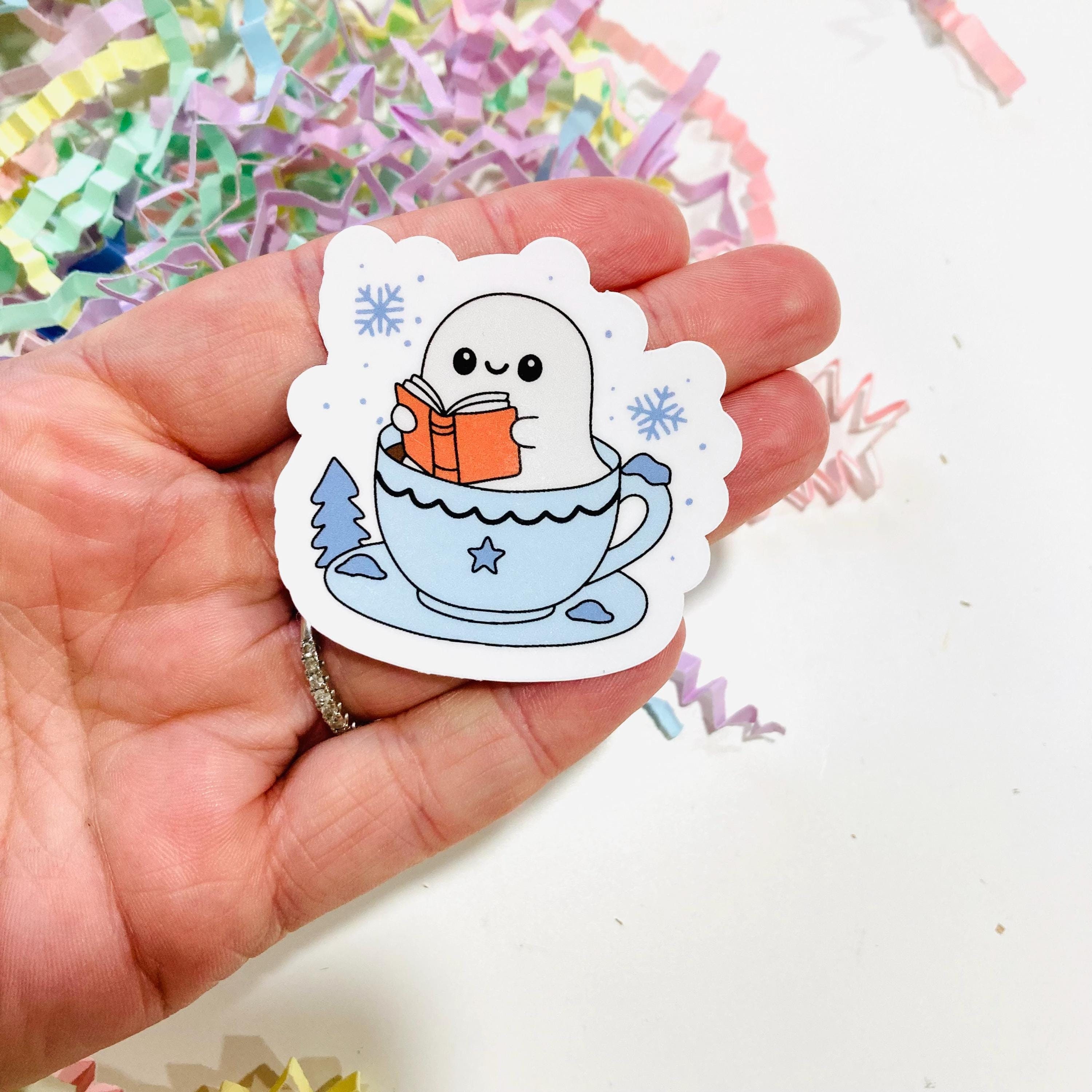 Cute Ghost Reading a Book Vinyl Sticker, Winter Reads Ghost Sticker ...