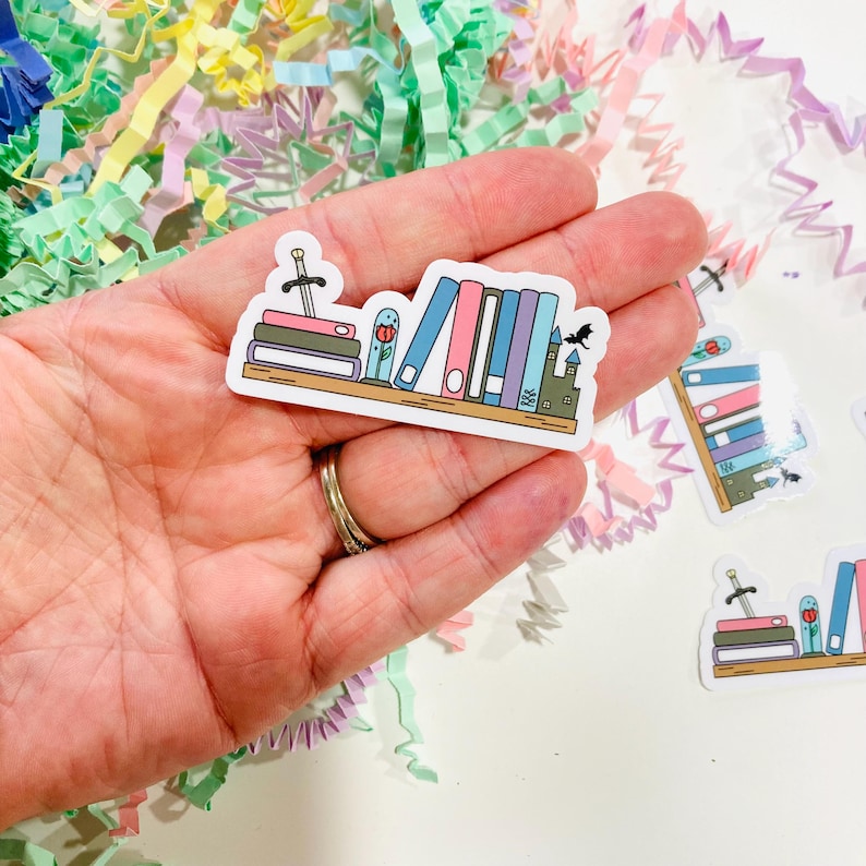 Fantasy Bookshelf Sticker, Bookish Dragon Sticker, Book Stickers for