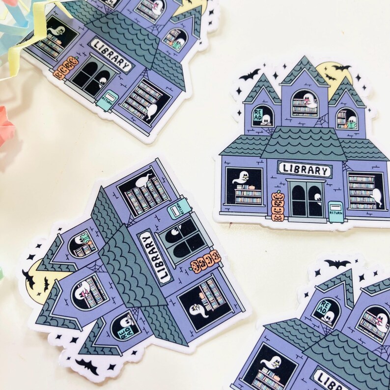 Spooky haunted library laminated die cut sticker