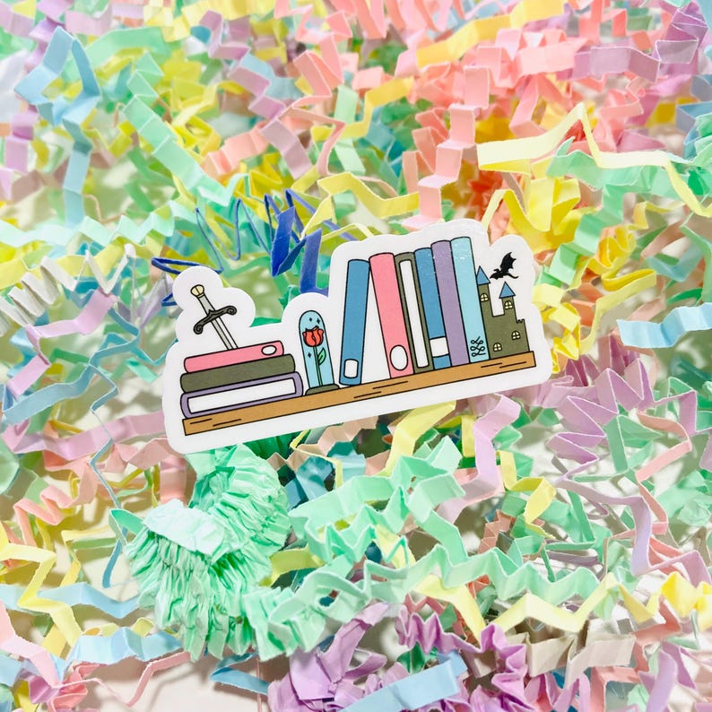 Fantasy Bookshelf Sticker, Bookish Dragon Sticker, Book Stickers for