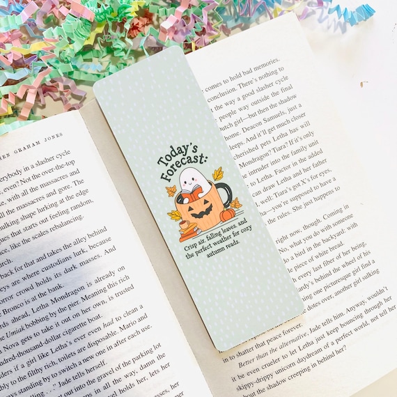 Cute ghost reading a book Bookmark, Pumpkin mug Bookmark, Spooky Halloween Bookmark, Books and coffee, Single sided Bookmark, Linen Card
