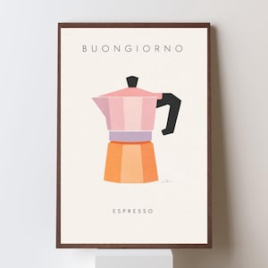 Könnte beinhalten: Gerahmter Kunstdruck mit einer geometrischen Illustration einer rosa-orangenen Espressokanne. Die Wörter "BUONGIORNO" und "ESPRESSO" sind über und unter der Kaffeekannen-Zeichnung gedruckt.