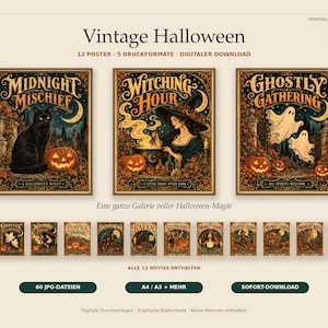 Könnte beinhalten: Eine digitale Sammlung von 12 Vintage-Halloween-Postern mit Illustrationen einer schwarzen Katze, einer Hexe mit Kessel und Geistern. Der Text umfasst Midnight Mischief, Witching Hour und Ghostly Gathering. Das Set enthält 60 JPG-Dateien.