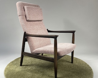 Zeldzame GFM-64 moderne fauteuil met hoge rugleuning uit het midden van de eeuw door ontwerper Edmund Homa, 1960, Deens minimalisme, zachtroze, orchideekleur, volledig gerestaureerd