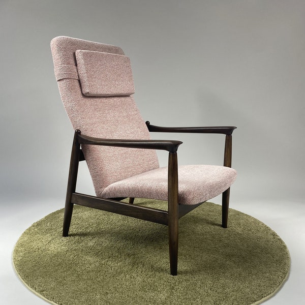 Rare fauteuil moderne Mid-Century GFM-64 à dossier haut par le designer Edmund Homa, 1960, minimalisme danois, rose pâle, couleur orchidée, entièrement restauré