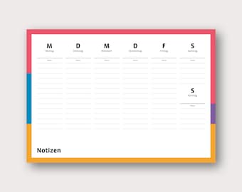 Weekly planner A4, calendar, notepad, colorful, color block