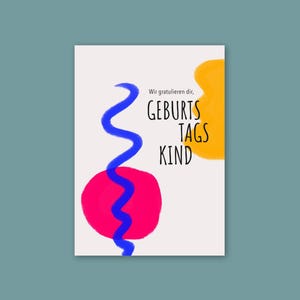 Postkarte Herzlichen Glückwunsch, Geburtstag, Geburtstaskind, grafisch, aquarell, farbenfroh, freundlich