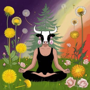 May include: Digital art of a person with a cow's head, wearing a black tank top, meditating in a field of dandelions and roses. The cow head has large pink gem earrings. A rainbow gradient and a pine tree are in the background.