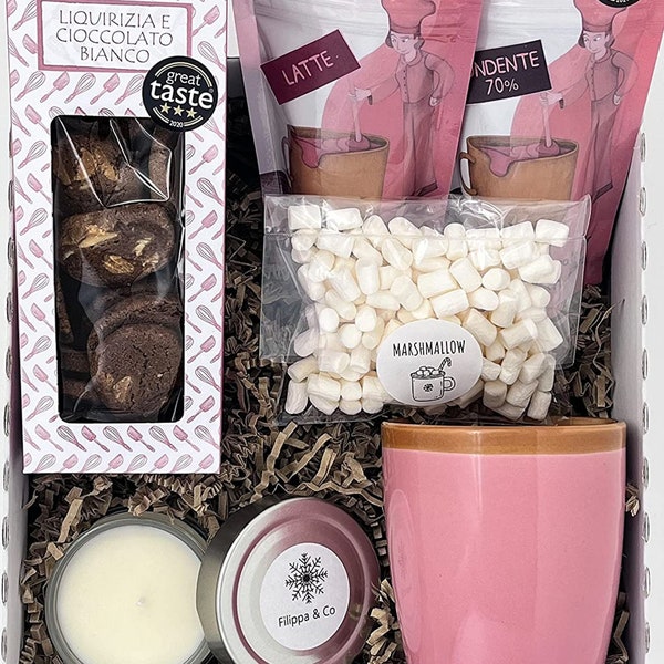 Set regalo natalizio, cioccolata calda, biscotti artigianali, candela in cera di soia, marshmallow, tazza XL rosa, confezione regalo