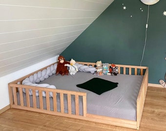 Letto da pavimento per bambini / Letto da pavimento Montessori, Letto con rotaie, Letto per bambini, Letto fatto a mano, Letto Montessori, Letto per bambini, lettino per bambini, Letto in legno,