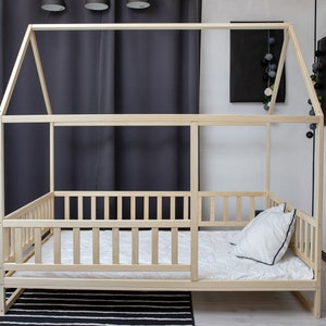 House Floor Bed | Floor Bed For Kids, Handmade Wooden House Bed With Rails, Bedroom Funiture Montessori Floor bed