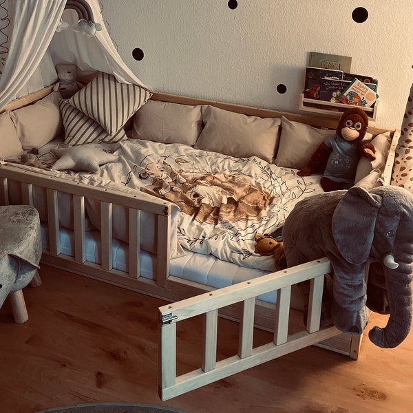 Lit pour tout-petits avec lattes, lit Montessori, lit au sol, lit pour enfants, chambre pour tout-petits, lit pour enfants, lit avec barrières, lit en bois, cadre de lit