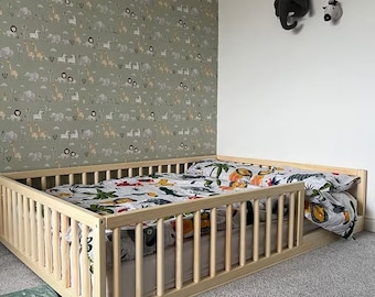 Cama de piso para niños pequeños con rieles redondos, amplias opciones de color, muebles para niños pequeños, cama Montessori, cama para niños pequeños, cama para niños, cama de madera, cama para niños