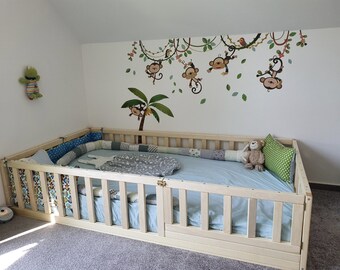 Peuterbed met lattenbodem, Montessori bed, Vloerbed, Kinderbed, Peuterslaapkamer, Kinderbed, Bed met barrières, Houten bed, Bedframe