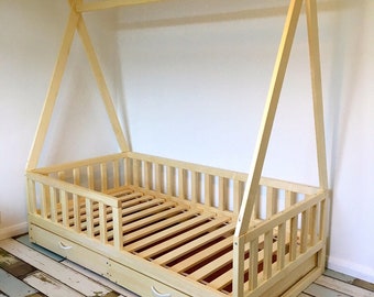 Toddler Teepee Bed With Drawers | Wooden Handmade Bed With Drawers, Toddler Bed with Slats, Handmade Bed, Kids Bedroom