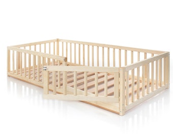 Peuterbed met ronde rails, Montessori bed, Vloerbed, Kinderbed, Peuterslaapkamer, Kinderbed, Bed met barrières, Houten bed, Bedframe