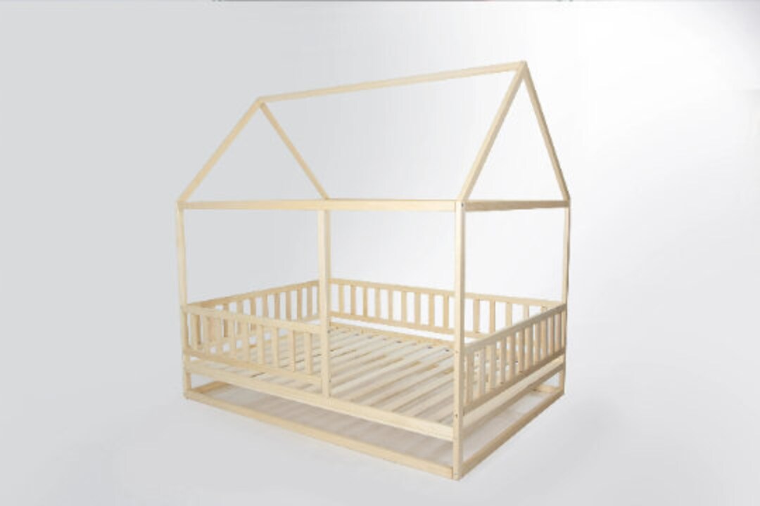 House Shaped Toddler Bed Floor Bed for Kids, Handmade Wooden House Bed