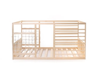 Kids Gym Bed painted with eco wax | Bed with slats, with accessories, Montessori bed, floor bed. https://kidsdream.land