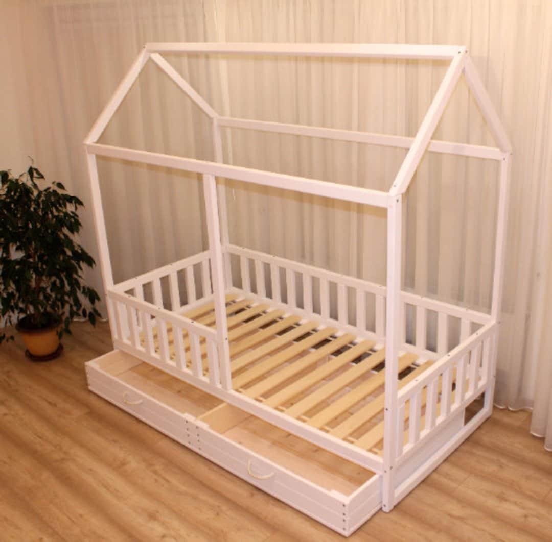 Toddler Bed With Slats and Drawers Handmade Wooden House Bed With Rails