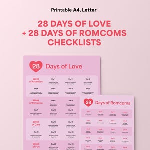 Listas de verificación para 28 días de amor y comedias románticas / Lista de verificación mensual / Lista de verificación para parejas / Lista de verificación del amor / A4/Carta / Descargar PDF