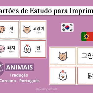Cartes de Estudo de Coreano, Flashcards Coreano, Cartões de Estudo sobre Animais, Flashcards Animais, Flashcards, Animais, Coreano, pdf