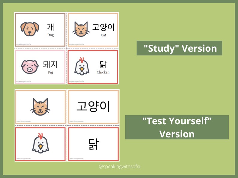 Printable Korean Flashcards Animals Version, Korean Flashcards