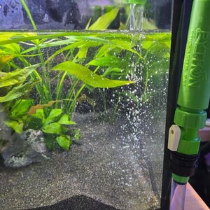 May include: An aquarium with aquatic plants and a dark substrate. Water flows from a green tube, creating bubbles. The text "Without diffuser" is displayed above the tank. A green and white siphon is visible on the right side of the image.