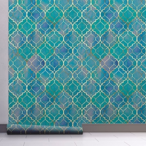 Moroccan Geometric Pattern Peel and Stick Wallpaper, Modern Self Adhesive Wall Covering in Sky Blue Green Emerald Gold Wall Decal