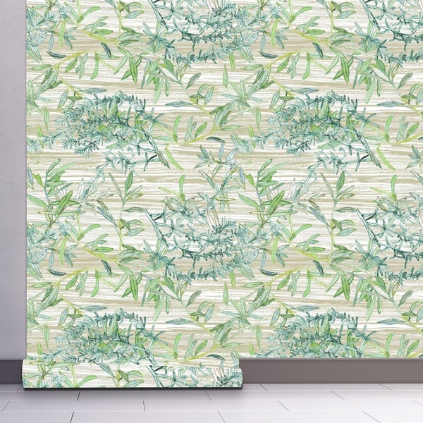 Elegant Tropical Bamboo Watercolor Pattern Peel and Stick Wallpaper, Modern Self Adhesive Wall Covering in Blue Green Brown Wall Decal