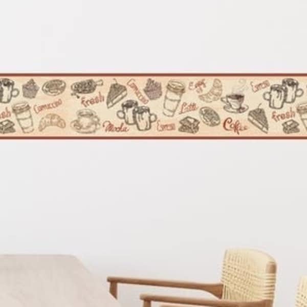 GB80011 Coffee Illustrations Peel and Stick Wallpaper Border 8 or 10in Height x 15ft Beige Brown Burgundy by Grace & Gardenia Designs