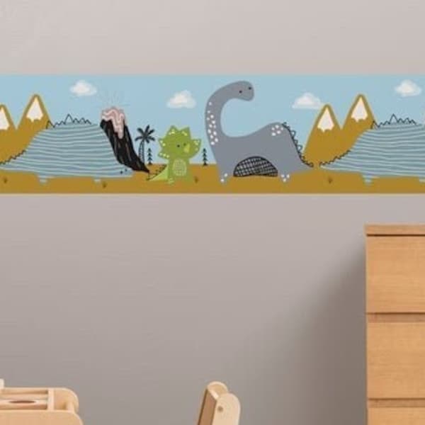 GB90101 Cartoon Dinosaur Scene Peel and Stick Wallpaper Border 8 or 10in Height x 15ft Light Blue Tan Gray White by Grace & Gardenia Designs