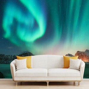 Northern Lights Wallpaper Mural, Premium Peel and Stick Material, Wall Decoration For Livingroom, Bedroom and Offices, Green Blue