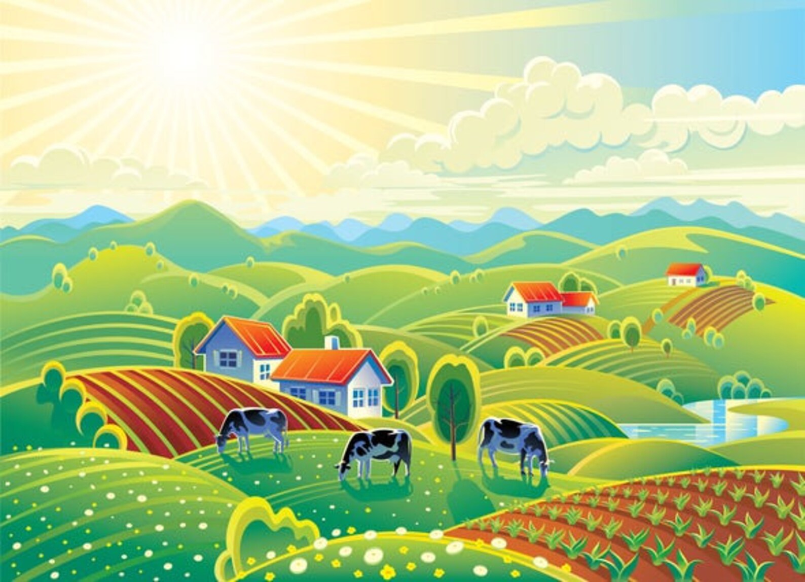 Happy Cow Farm Wallpaper Mural, Premium Peel and Stick Material, Wall