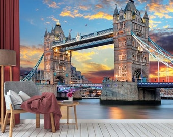 Tower Bridge London Wallpaper Mural, Premium Peel and Stick Material, Wall Decoration For Livingroom, Bedrooms and Offices, Blue Gray