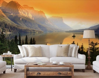 Glacier National Park Wallpaper Mural, Premium Peel and Stick Material, Wall Decoration For Livingroom, Bedrooms and Offices, Yellow Green