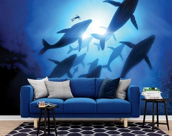 Whales with Diver  Wallpaper Mural, Premium Peel and Stick Material, Wall Decoration For Livingroom, Bedrooms and Offices, Blue Black
