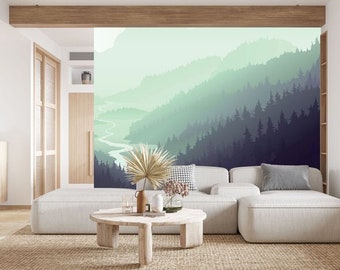 Foggy Valley Wallpaper Mural, Premium Peel and Stick Material, Wall Decoration For Livingroom, Bedrooms and Offices, Green