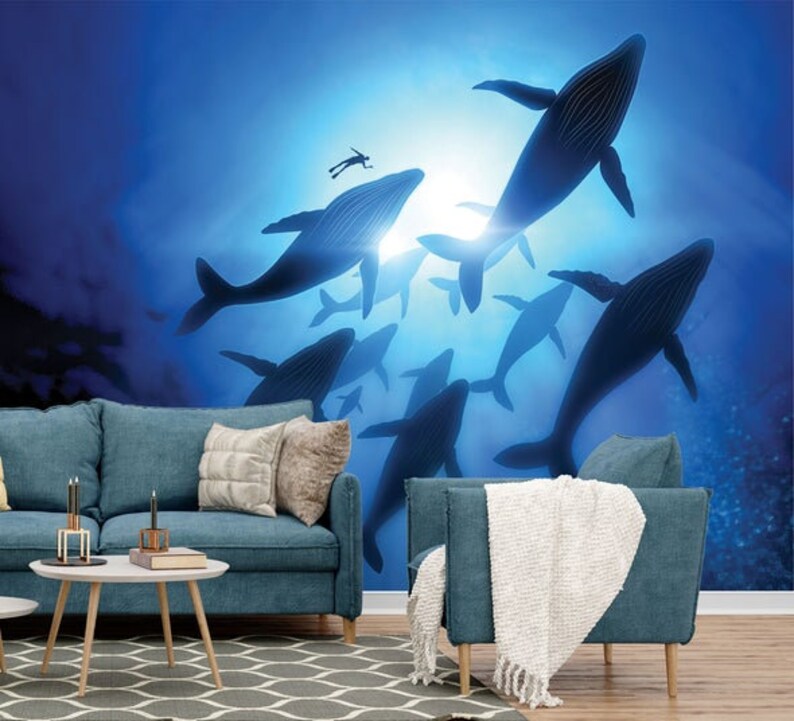 Whales With Diver Wallpaper Mural, Premium Peel and Stick Material