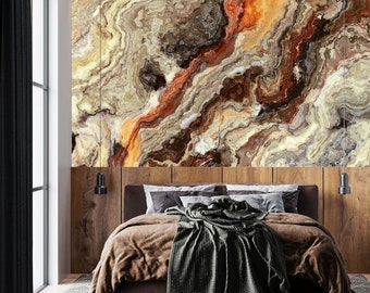 Onyx Marble Wallpaper Mural, Premium Peel and Stick Material, Wall Decoration For Livingroom, Bedrooms and Offices, Orange Gray Beige Brown