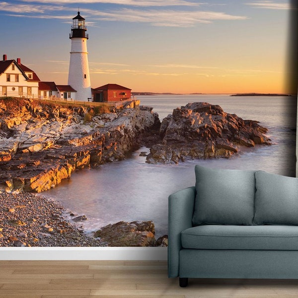 Lighthouse on Rocky Shore Wallpaper Mural, Premium Peel and Stick Material,Decoration For Livingroom,Bedroom and Office,Blue Yellow Gray Red