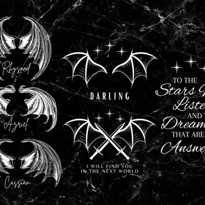 Bat Boys PNG SVG Bundle | Ulubieni Bat Boys | Do gwiazd, które słuchają | Rozpiętość skrzydeł | Rhysand Cassian Azriel | Cyfrowe czarno-białe | Zainspirowane ACOTAR