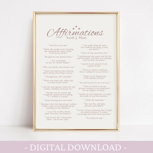 K&ouml;nnte beinhalten: Ein druckbarer digitaler Download von Affirmationen mit einem goldenen Rahmen und wei&szlig;em Hintergrund. Der Text ist in rosa Farbe und enth&auml;lt Zitate wie "Du bist der Fels, gegen den die Brandung kracht. Nichts kann mich brechen." und "Wenn du zerbrochen bist, geh, achte darauf, dass es die Arme der Welt sind."