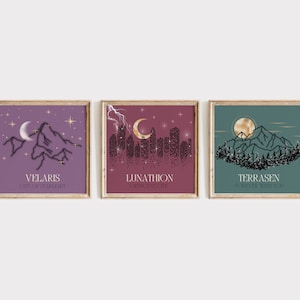 Sarah J. Maas Multiverse Prints | Crescent City | ACOTAR | Throne Of Glass | Velaris Lunathion Terrasen | Gold | Crossover | Set Of 3